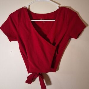 Hollister Red Ribbed Wrap Tie-Front Crop Top - Small